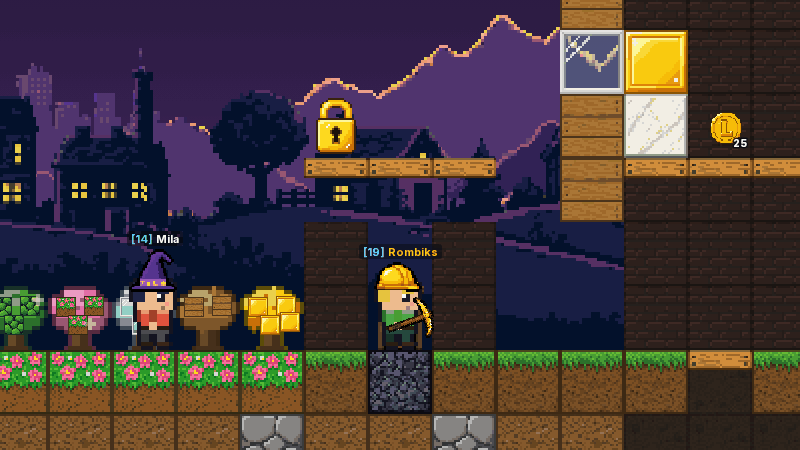 Gameplay: a player in a hard hat harvests trees next to friends in a pixel-art world at dusk.