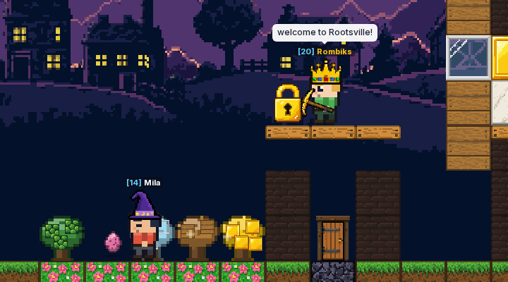 Players in a world called Rootsville: one wears a crown next to a gold World Lock, another stands among fruit trees and flower beds.